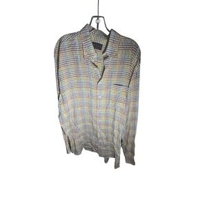 MINE Mens 100% Linen Rainbow Grid Plaid Button Down Shirt Large Multi Color